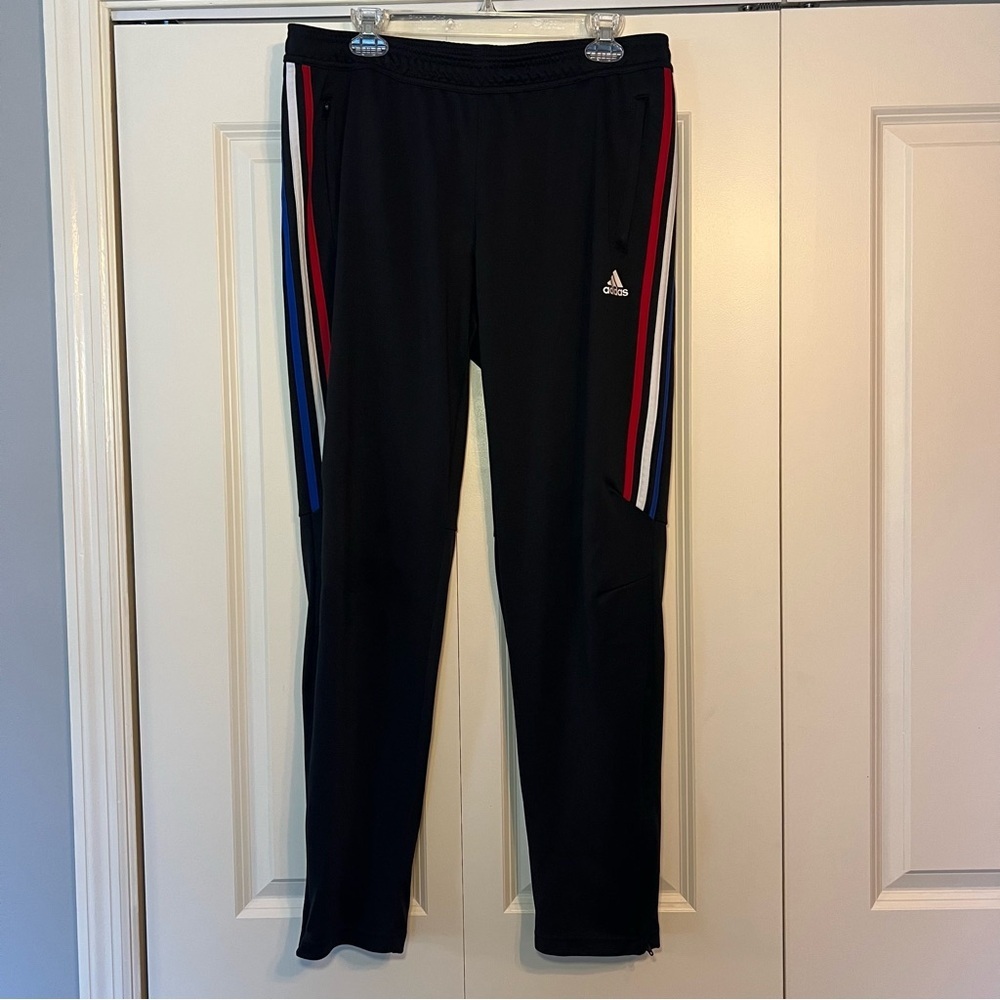 Adidas men’s Tiro Training pants. XL. Red White & Blue stripes. Zipper bottom.